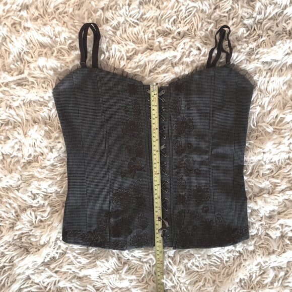 NY&Co Lace-Up Corset Top Embroidered Brown Plaid Bustier Size L - Picture 8 of 10
